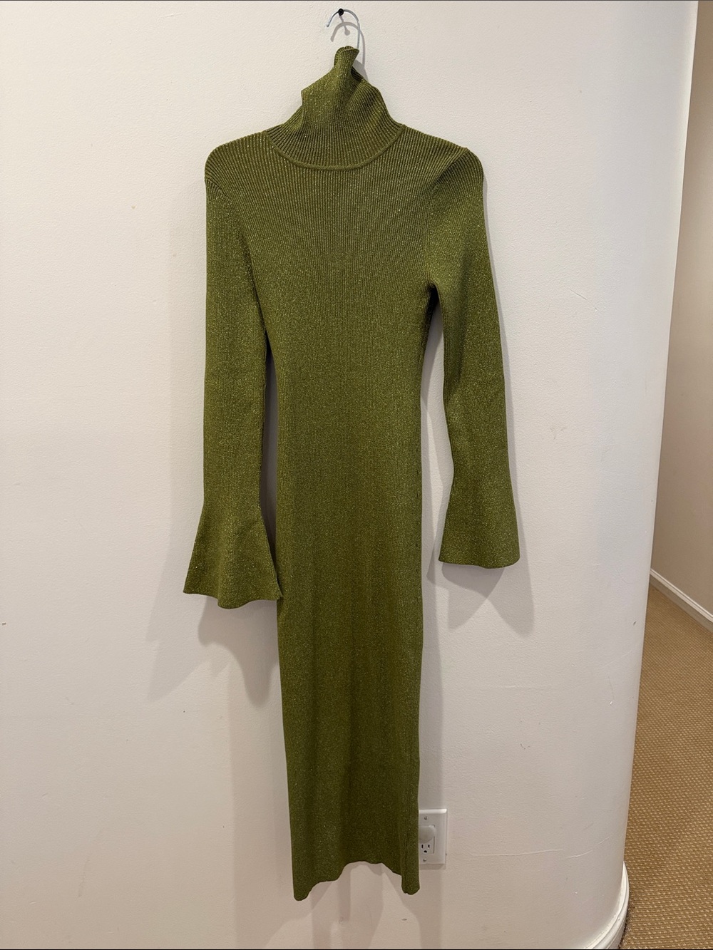 Ronny Kobo Collection Olive Green Ribbed Turtleneck Midi Dress